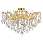Elegant Furniture & Lighting - Maria Theresa 6-Light Gold Flush Mount, Crystal: Royal Cut - A heavenly high point to your home, Maria Theresa collection flush mount fixtures are ablaze with resplendent crystals. Copious strands of sparkling clear crystals dangle from elaborate tiers of glass-coated steel arms. An imperial favorite for the stairwell, dining room, or living room.