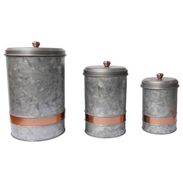 Amc0014 Galvanized Metal Lidded Canister With Copper Band, Set Of Three, Gray
