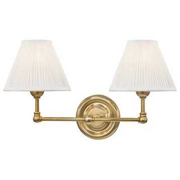 Classic No.1, 2-Light Wall Sconce With Off-White Silk Shade, Aged Brass