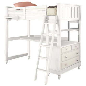 NE Kids Lake House Twin Loft Bed with Desk in White