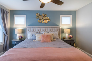 Bedroom - mid-sized transitional master carpeted and gray floor bedroom idea in Other with blue walls