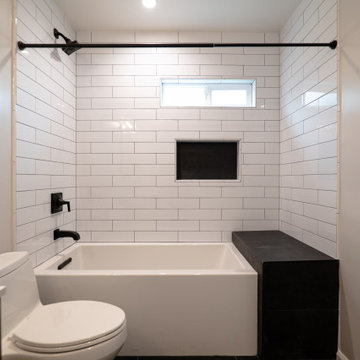 BLACK,  WHITE MIXED WITH WOOD BATHROOM