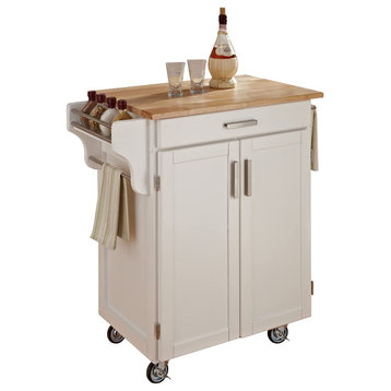 Multipurpose Kitchen Cart, Locking Caster Wheels and Natural Wooden Top, White
