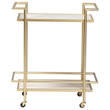 Baxton Studio Louise Gold Metal and White Marble 2-Tier Wine Cart