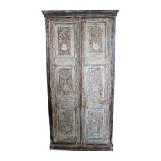 Mogul Interior - Consigned Antique Indian Hand Carved Armoire Rustic Wardrobe Hotel Designs - Armoires and Wardrobes