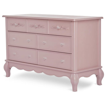 Mid Century Dresser, 7 Drawers With Ribbon Scrollwork Accent, Blush Pink Pearl