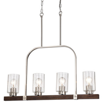 4-Light Brushed Nickel and Wood Linear Chandelier With Seedy Glass Sconce