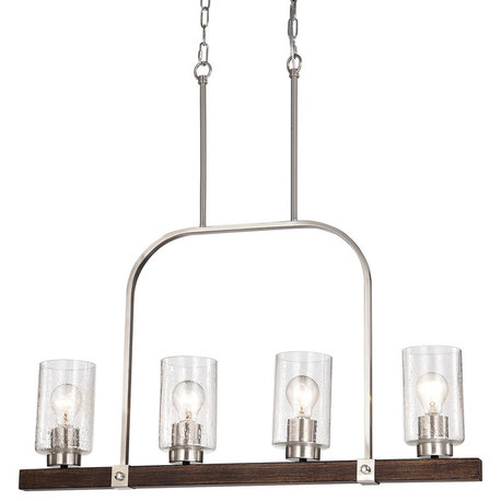 4-Light Brushed Nickel and Wood Linear Chandelier With Seedy Glass Sconce