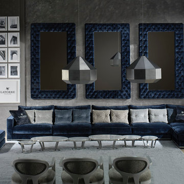 Stunning grey and blue living area featuring Ascension Latorre
