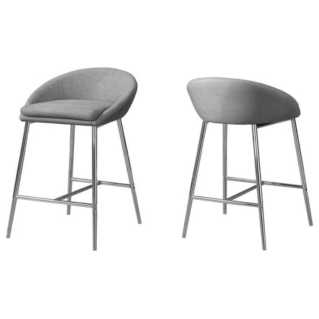 Bar Stool, Set Of 2, Bar Height, Metal, Fabric, Grey, Chrome, Contemporary