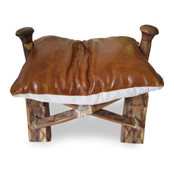 Rustic Modern Camel Footstool with New Leather - SOLD - Footstools And Ottomans