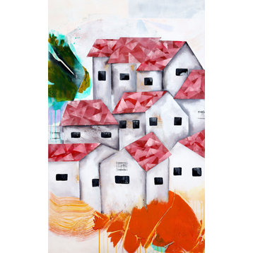 Architecture Red roof houses painting on canvas, Cityscape art, Landscape houses