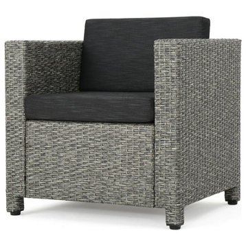 GDF Studio Pueblo Outdoor Wicker Club Chair, s With Water Resistant Cushions, Mixed Black/Dark Gray, Single