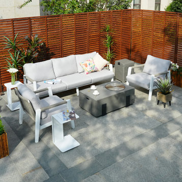 6-Piece Patio Aluminum Sofa Set with Rectangular Firepit and Side Table
