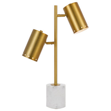 Ingrid 2-Light Table Lamp, White Marble Base/Pieced Metal Shades, Rich Gold