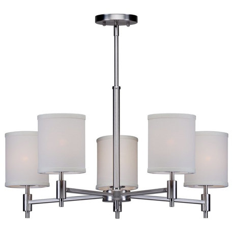 5 Light Chandelier, Brushed Nickel, Off White Linen Shade