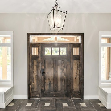 Two Panel Knotty Alder Door with Double Sidelights and Transom