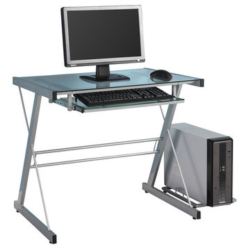 Home Office Glass Metal Computer Desk, Silver
