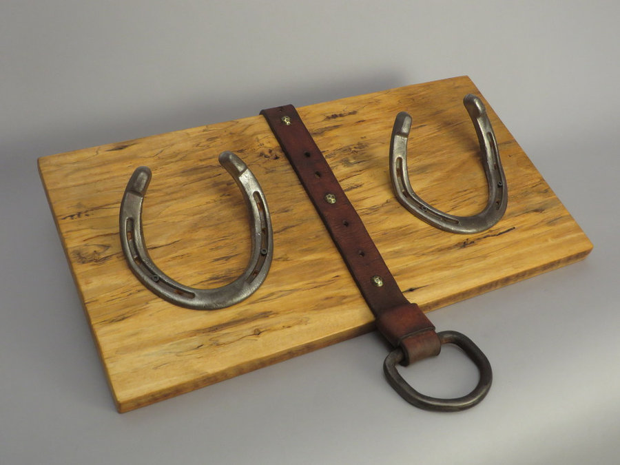 #H1406 HorseShoe Rack: Reclaimed Box Elder, Shoes, Tack Leather