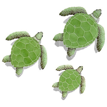 Loggerhead Turtle Group Ceramic Pool Mosaic 8", 15" and 20" with shadow, Green