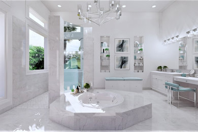 Inspiration for a large modern master white tile and porcelain tile porcelain tile, white floor and double-sink bathroom remodel in Miami with shaker cabinets, white cabinets, a one-piece toilet, white walls, an undermount sink, quartzite countertops, white countertops, a niche and a built-in vanity