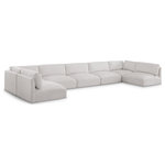 Meridian Furniture - Ease Polyester Upholstered U-Shaped Modular Sectional, Cream, 7 Piece: 2 Corner, 5 Armless - Ease into comfort when you bring home this Ease fabric modular sofa. Designed with an uber casual vibe in mind, this plump sofa sits low to the floor, making it a simplistically perfect addition to a living room, den, game room, teen's room, or dorm room. This fun sofa is part of a modular collection, so you can add it with other items in the Ease collection for a custom arrangement.