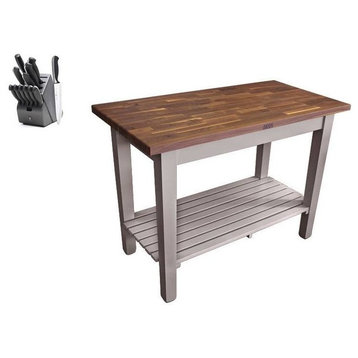John Boos Classic Walnut 48x25 Table and Henckels Knife Set, Useful Gray Stain, One Shelf, No Drawer, Casters