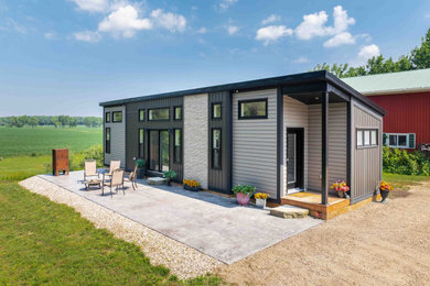 Small minimalist gray one-story vinyl and board and batten tiny house photo in Toronto with a shed roof and a black roof
