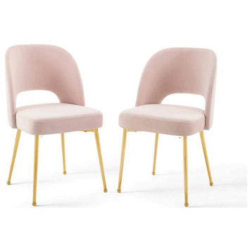 Set of 2 Dining Chair, Gold Stainless Steel Legs and Soft Velvet Seat, Pink