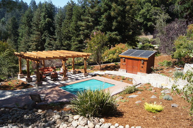 Pool house - mid-sized craftsman backyard stone and rectangular lap pool house idea in Other
