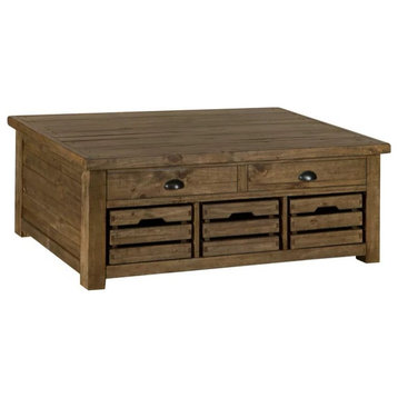 Rustic Coffee Table, Pine Frame With 3 Removable Crates and Lift Up Top, Nutmeg