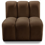 Meridian Furniture - Arc Upholstered Modular Component, Brown, 1-Piece: Straight Chair, Velvet - Give your living room or den the perfect blend of style and versatility with this Arc velvet fabric curved straight chair. Part of the Arc modular furniture collection, this sofa comes upholstered in rich brown velvet fabric and features deep channel tufting that adds a touch of luxury while enhancing comfort and support. A seamless combination of form and function, this chair can be used with other Arc pieces to create a myriad of configurations in your well-curated room.