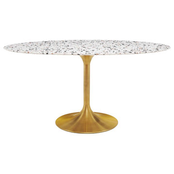 60" Dining Table, Oval, White Gold, Wood, Metal, Modern, Bistro Hospitality