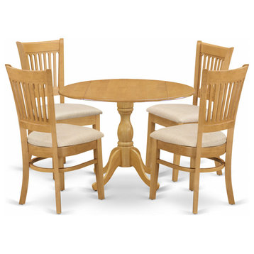 5 Pc Dining Set, Oak Table, 4 Oak Dining Chairs, Slatted Back, Oak Finish