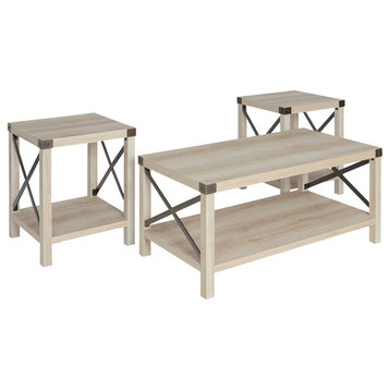 3-Piece Rustic Wood & Metal Accent Table Set, White Oak/Bronze/Black