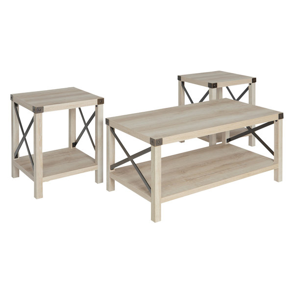 3-Piece Rustic Wood & Metal Accent Table Set, White Oak