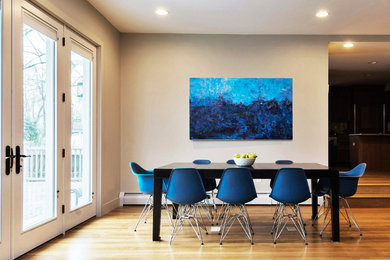 Inspiration for a large transitional medium tone wood floor dining room remodel in Philadelphia with gray walls, a ribbon fireplace and a stone fireplace