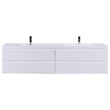 MOB 72" Double Sink Wall Mounted Vanity With Acrylic Sink, High Gloss White