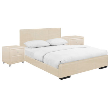 Beige Upholstered Platform Queen Bed With Two Nightstands