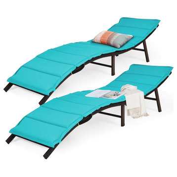 Costway 2PCS Patio Rattan Folding Lounge Chair Chaise Cushions Turquoise