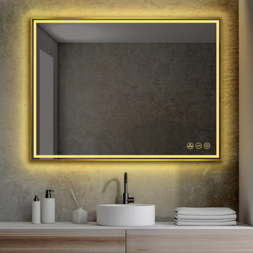 Fogless, Dimmable, Color Temperature Adjustable LED Mirror, Brush Gold, 48x36