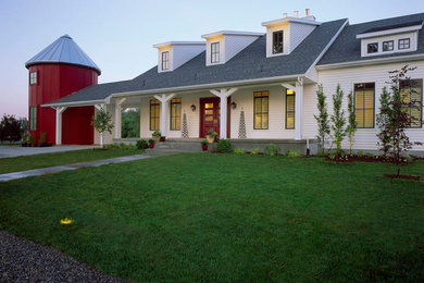Mid-sized country white two-story wood exterior home photo in Salt Lake City with a hip roof