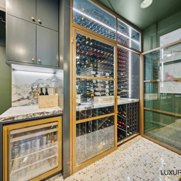 Modern Glass-Enclosed Wine Wall with Metal and Wood Racks – Chicago
