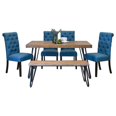 Ashford 6-Pc Dining Set, Hairpin Dining Table with 4 Chairs and Bench, Blue