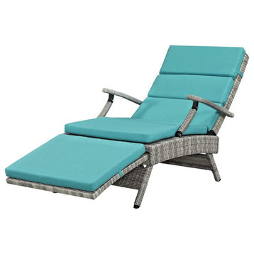 Contemporary Patio Chaise Lounge, Metal Frame With Rattan Cover and Padded Seat, Light Gray Turquoise