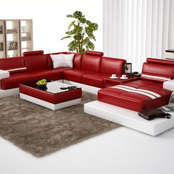 Red and White Bonded Leather Sectional Sofa with Chaise - Living Room Furniture Sets