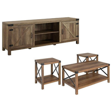 4 Piece Barn Door TV Stand Coffee Table and 2 End Table Set in Rustic Oak