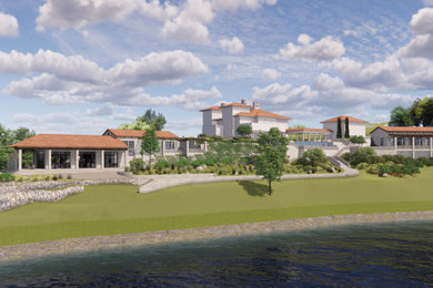 Huge mediterranean two-story stone house exterior idea in Austin with a hip roof and a tile roof