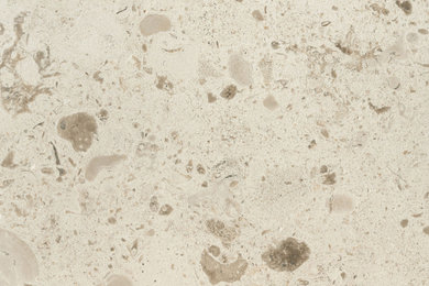 Honed Perlina limestone, warm beige with scattered darker fossil fragments
