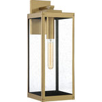Quoizel - Quoizel WVR8407A Westover 1 Light Outdoor Lantern - Antique Brass - The clean lines and hand-riveted accents make the Westover a modern industrialist's dream. This solid brass construction features long rectangular framework with clear glass panels that provide an unobstructed view of the lantern's sleek interior. The choice of earth black or antique brass finishes further enhances the versatility of this refined collection.